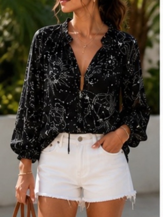 White House Black Market Tops - White House Black Market Celestial Zodiac Blouse Ruffle Tie Neck Black XS
